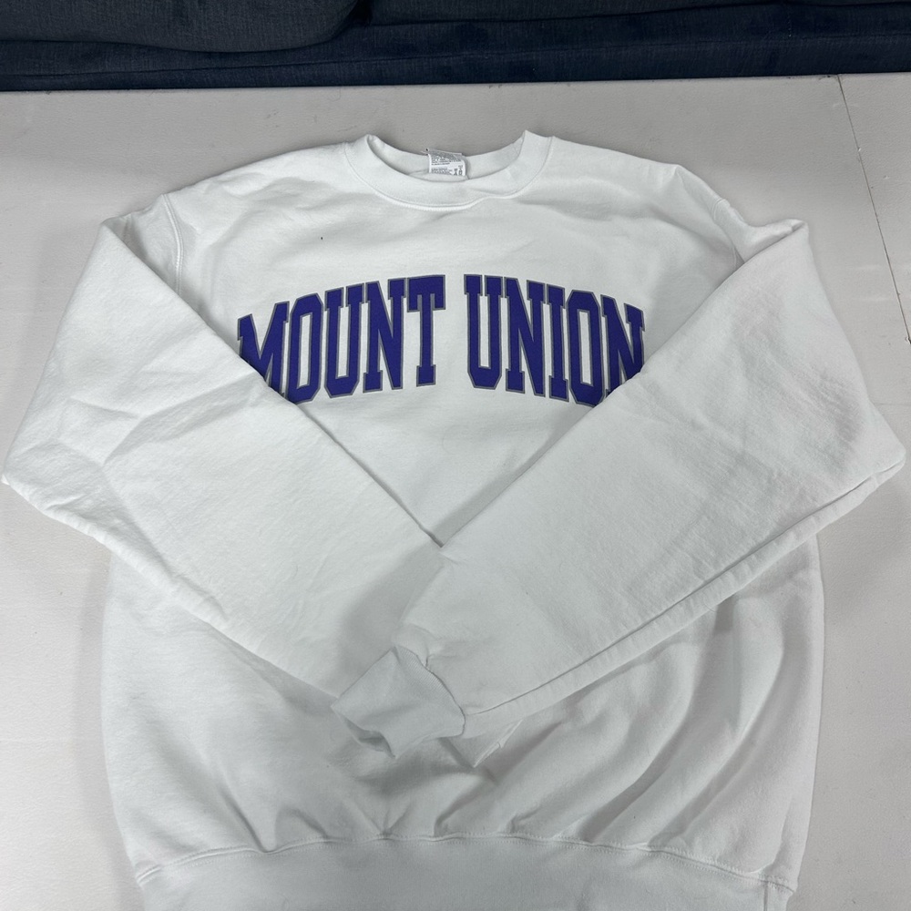 Champion White Crewneck Sweater with Purple Print